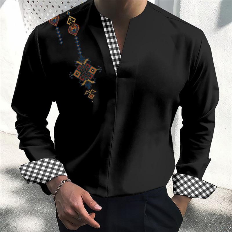 Camisa de manga larga con cuello en V y estampado étnico con costuras a cuadros para hombre 80938945Z