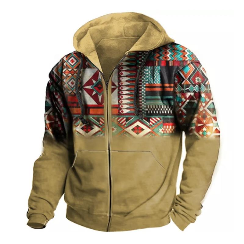 Felpa con cappuccio con cerniera e stampa geometrica in stile etnico casual retrò da uomo 60305028TO