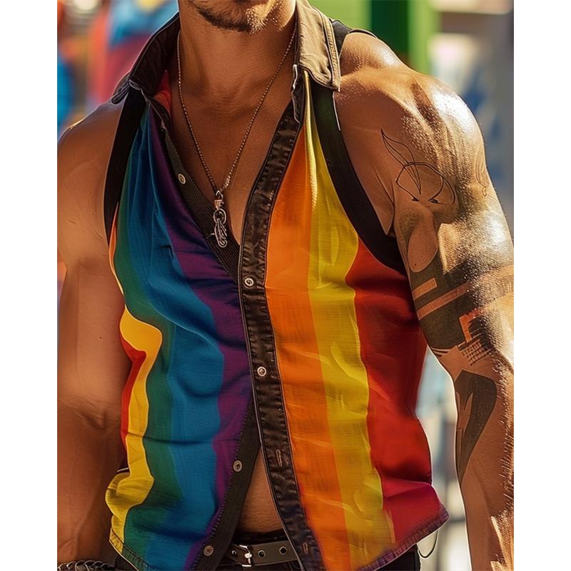 【Spedizione in 24 ore】Camicia da uomo slim fit senza maniche con risvolto patchwork a righe arcobaleno 92147239Y