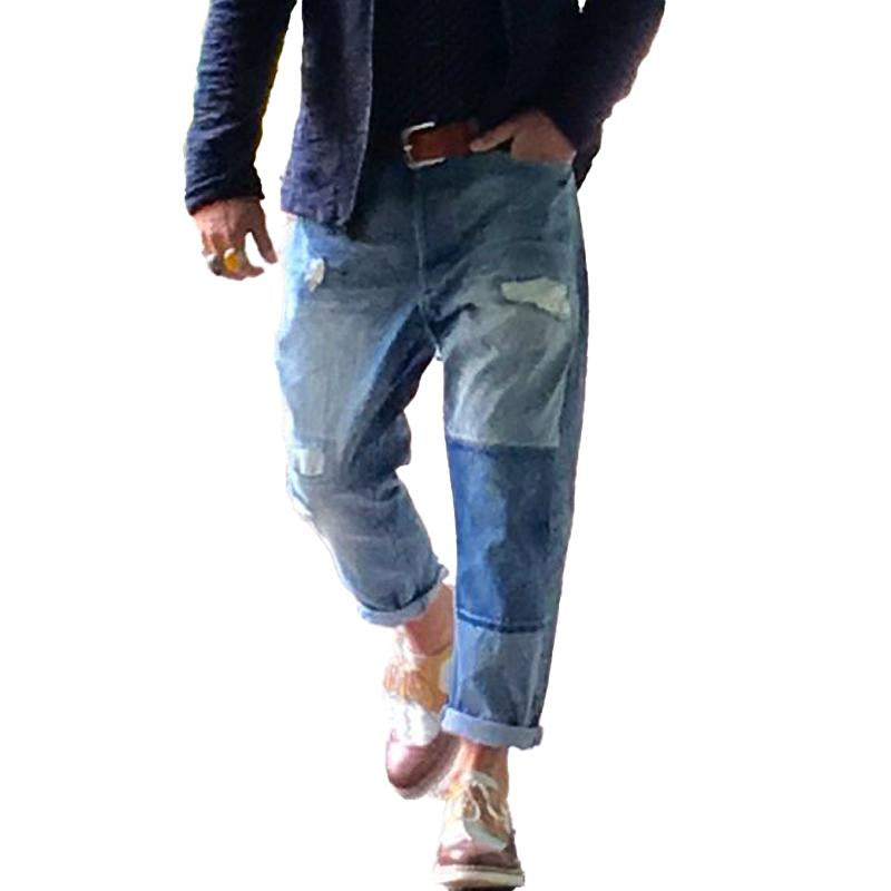 Men's Distressed Patchwork Knit Denim Jeans main image 0