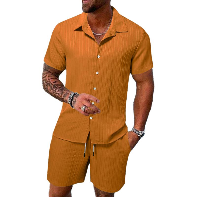 Conjunto casual de pantalones cortos de manga corta con solapa y rayas de color liso para hombre 63428764X