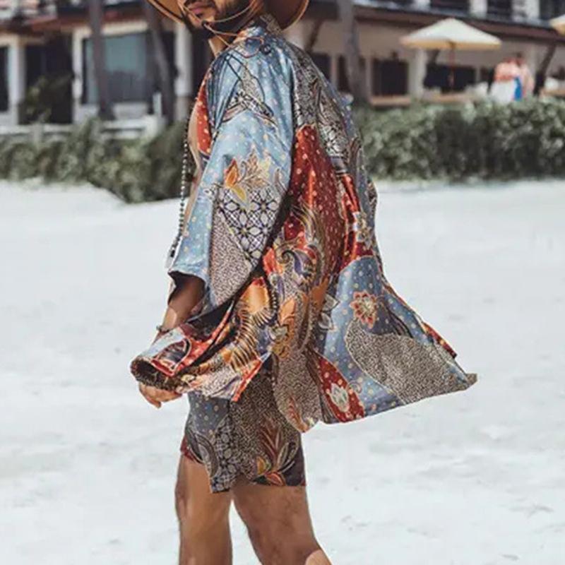 Conjunto de cárdigan y pantalones cortos holgados de playa con estampado vintage para hombre 21232142Y