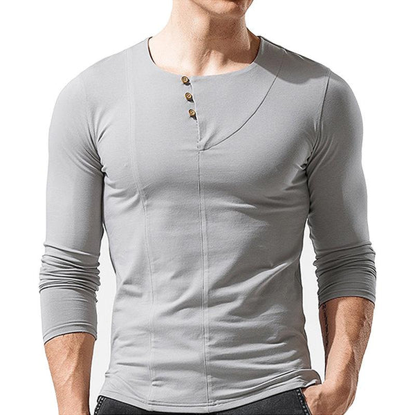 Men's Solid Color Henley Collar Long Sleeve T-Shirt 04364778X