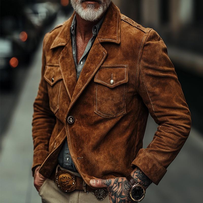 Men's Vintage Casual Suede Pocket Lapel Jacket 28369683TO