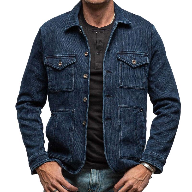 Men's Vintage Washed Denim Multi-Pocket Lapel Jacket 96164488X