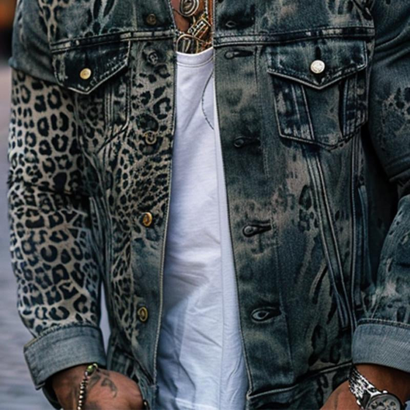 【Expédition 24 heures】Veste de camionneur en denim à imprimé léopard ombré pour homme 56830735Y