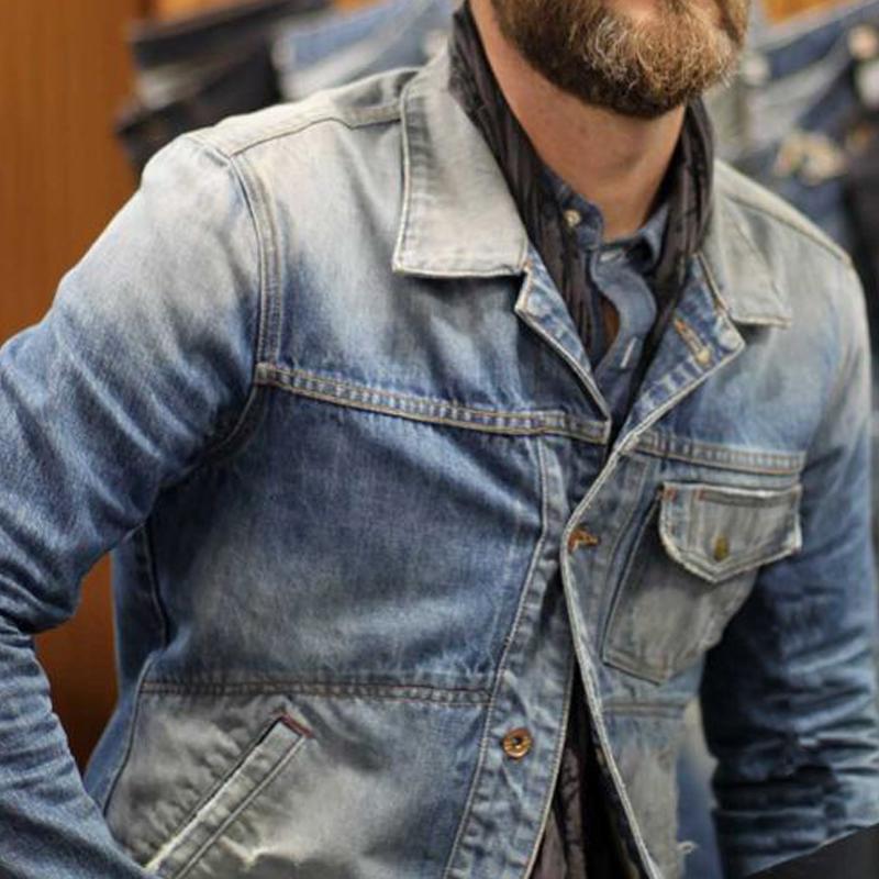 Hommes'S Veste en jean délavée vintage à col blazer et poches multiples 22821320Y