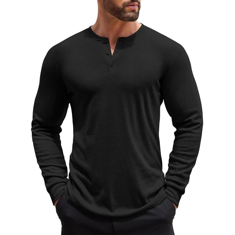 Herren Einfarbiges Henley-Kragen Casual Langarm-T-Shirt 08520324X