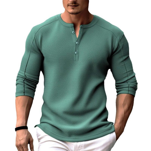 Men's Solid Waffle Long Sleeve Henley Collar T-Shirt 96967863X
