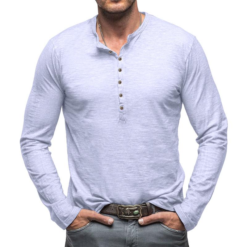 Camiseta de algodón flameado con cuello henley y manga larga de color liso para exteriores para hombre 26528737X