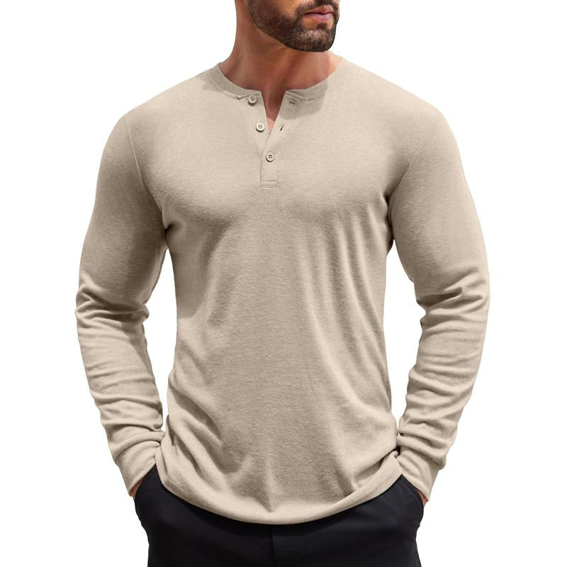 Herren Einfarbiges Henley-Kragen Casual Langarm-T-Shirt 08520324X