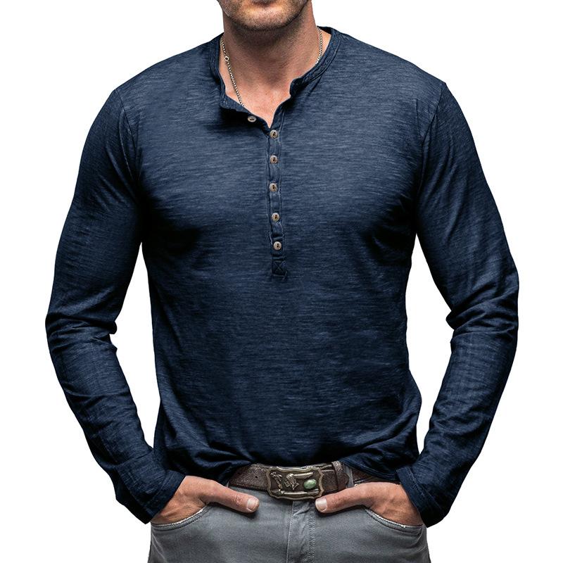 Camiseta de algodón flameado con cuello henley y manga larga de color liso para exteriores para hombre 26528737X