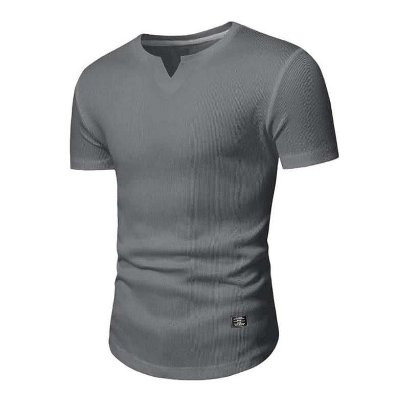 Einfarbiges, gestricktes T-Shirt mit V-Ausschnitt und kurzen Ärmeln für Herren 07923486X