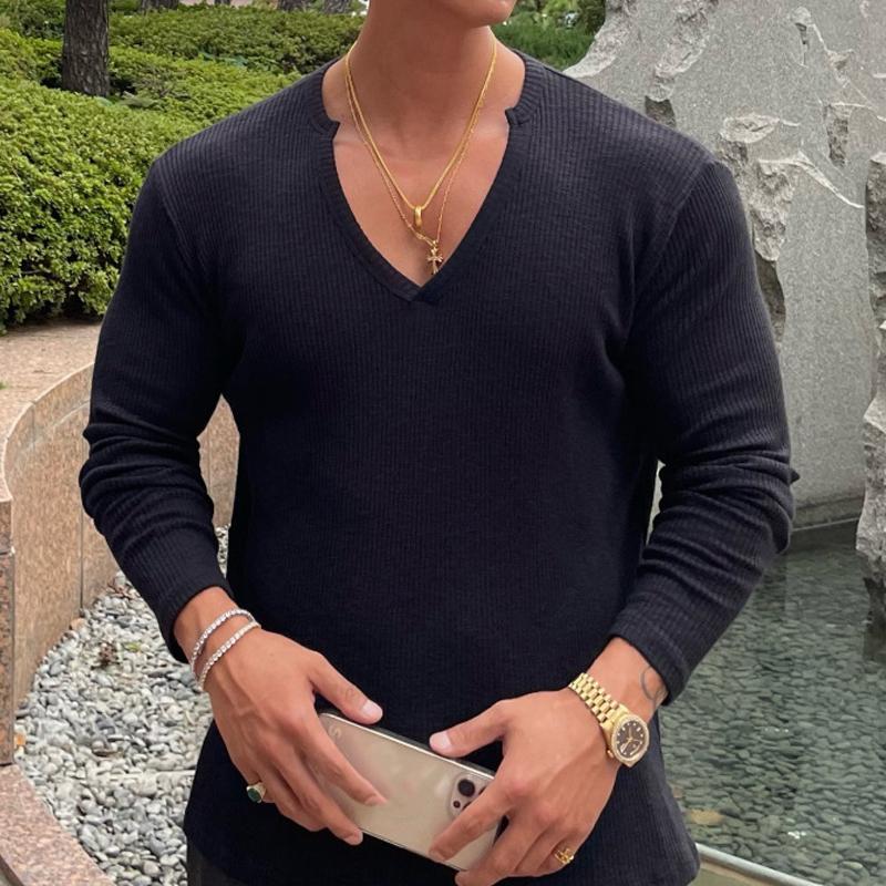 Men's V-neck Long-sleeved Striped Solid Color T-shirt 21770042X