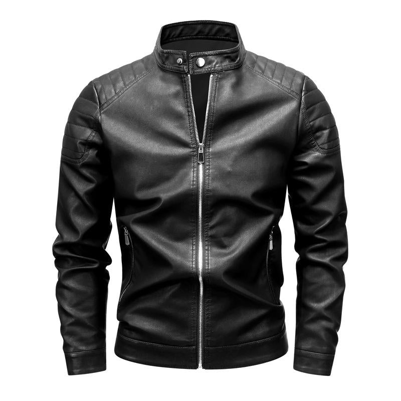 Men's Retro Motorcycle Stand Collar Zip Leather Jacket 00516344Y