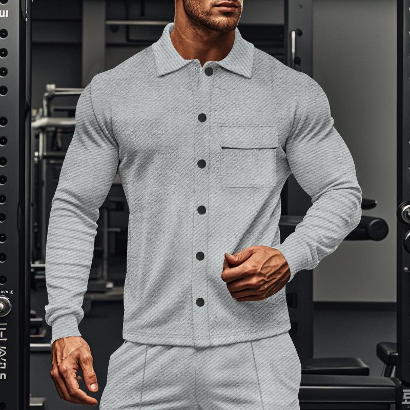 Giacca camicia a maniche lunghe monopetto con risvolto in twill casual da uomo 81404977M