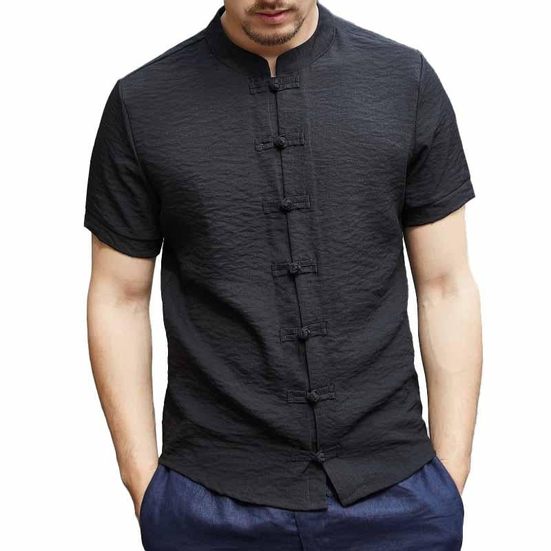 Camicia da uomo vintage con colletto alto in cotone e lino a maniche corte 40504441M