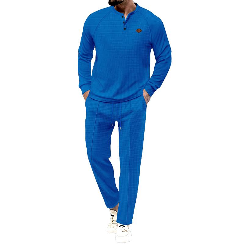 Pantaloni a maniche lunghe Henley a nido d'ape tinta unita da uomo 12318633Y
