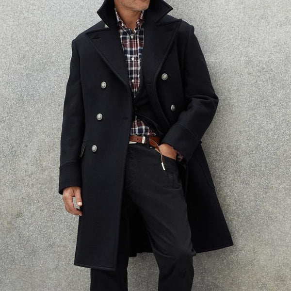Men's Vintage Lapel Wool Blend Double-Breasted Mid-Length Coat 28292699M