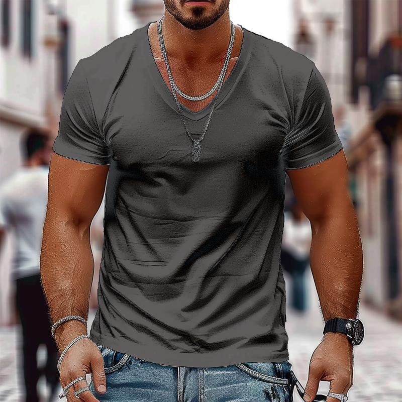 Herren T-Shirt aus Baumwolle mit V-Ausschnitt und kurzen Ärmeln in einfarbiger Optik 98171741X