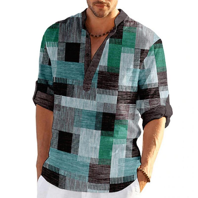 Camicia estiva da uomo con stampa etnica e colletto rialzato a mezza manica 52463329X