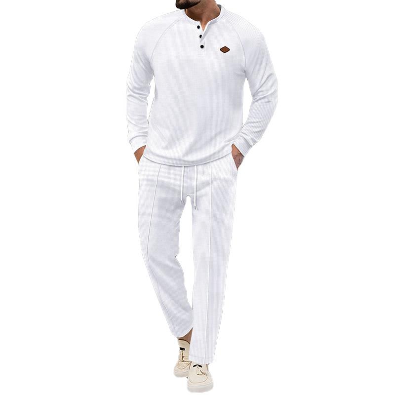 Pantaloni a maniche lunghe Henley a nido d'ape tinta unita da uomo 12318633Y