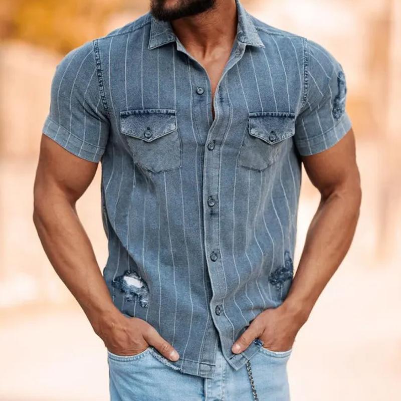 【24-Stunden-Versand】 Herren-Jeanshemd mit zerrissenen Vintage-Streifen und kurzen Ärmeln 13201211Y