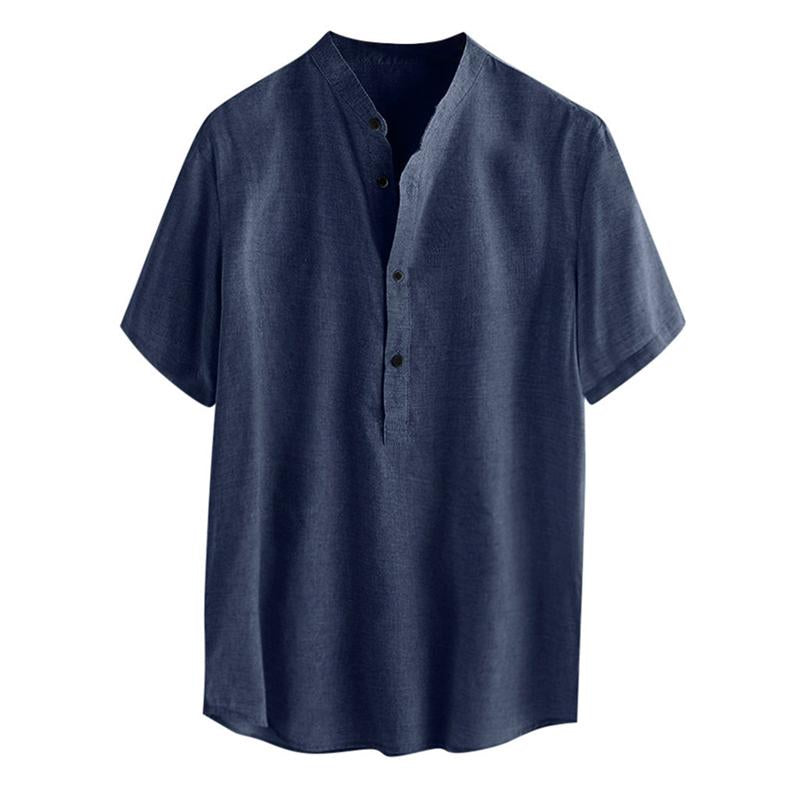 Camisa de lino y algodón con cuello alto y manga corta de color liso para hombre 25025155X