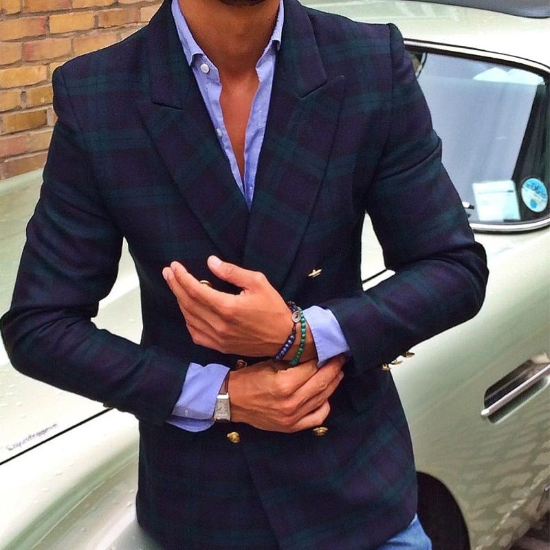 Men's Vintage Plaid Notch Lapel Double-Breasted Flap Pockets Blazer 20584917M