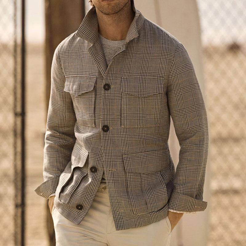 Men's Vintage Classic Check Multi Pocket Single Breasted Lapel Long Sleeve Jacket 94035140M