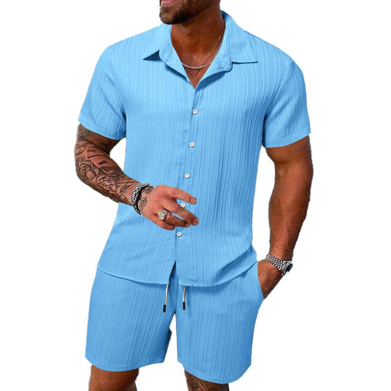 Conjunto casual de pantalones cortos de manga corta con solapa y rayas de color liso para hombre 63428764X