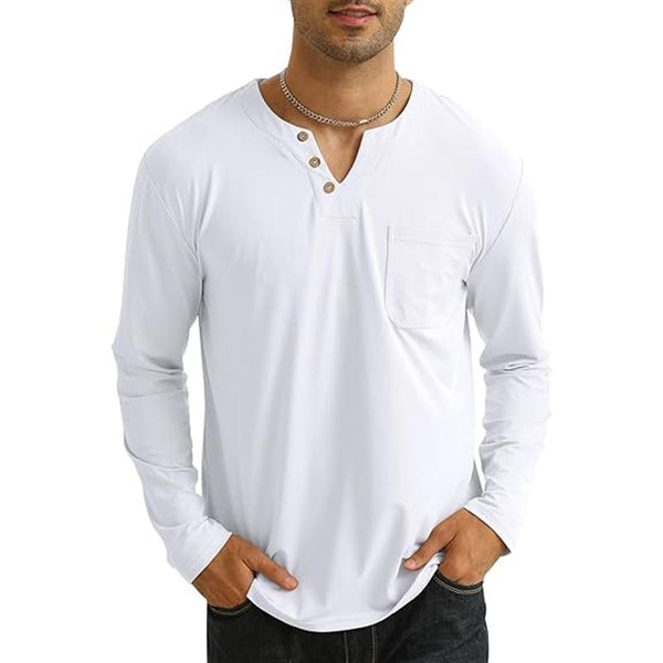 Men's Casual Solid Color V-Neck Chest Pocket Long Sleeve T-Shirt 58233004Y