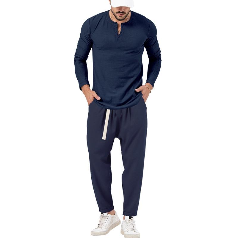 Herren-Henley-Set mit T-Shirt und Hose, einfarbig, langärmelig, 72706978X