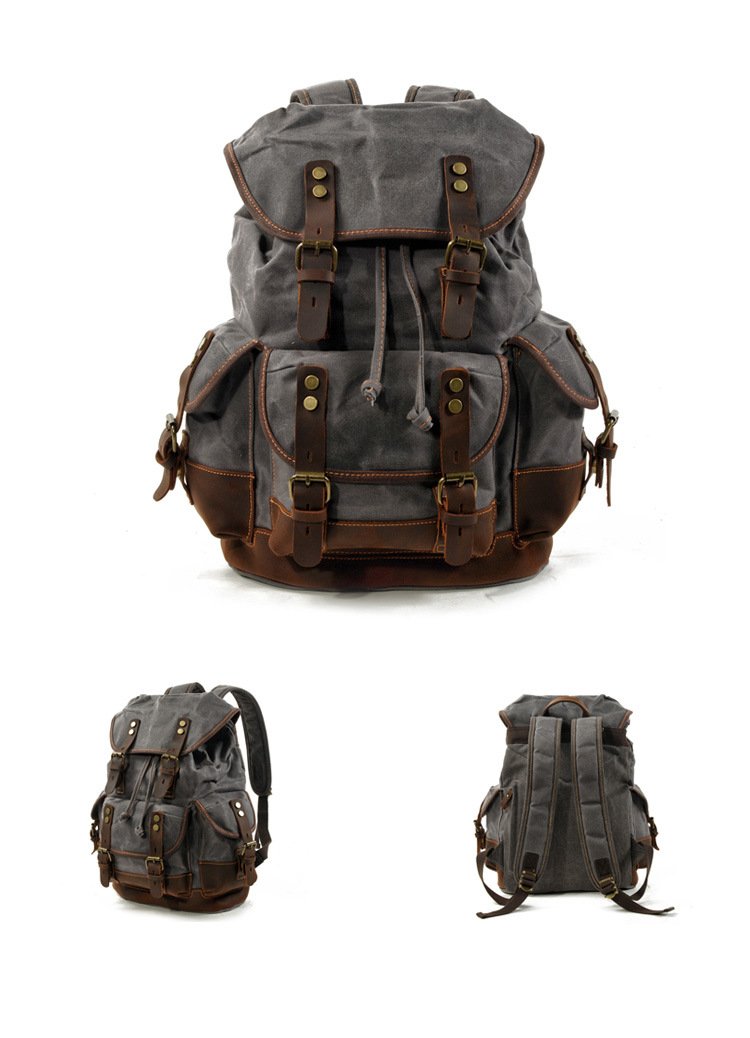 Herren Vintage Outdoor Canvas Nähte Leder Multi-Pocket Rucksack 19083234Y