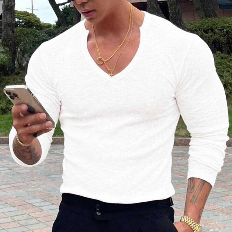 Men's V-neck Long-sleeved Striped Solid Color T-shirt 21770042X