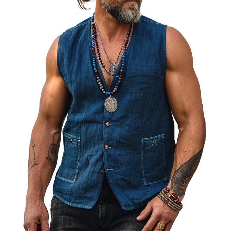 Men's Vintage Washed Denim V-neck Vest 36695763X