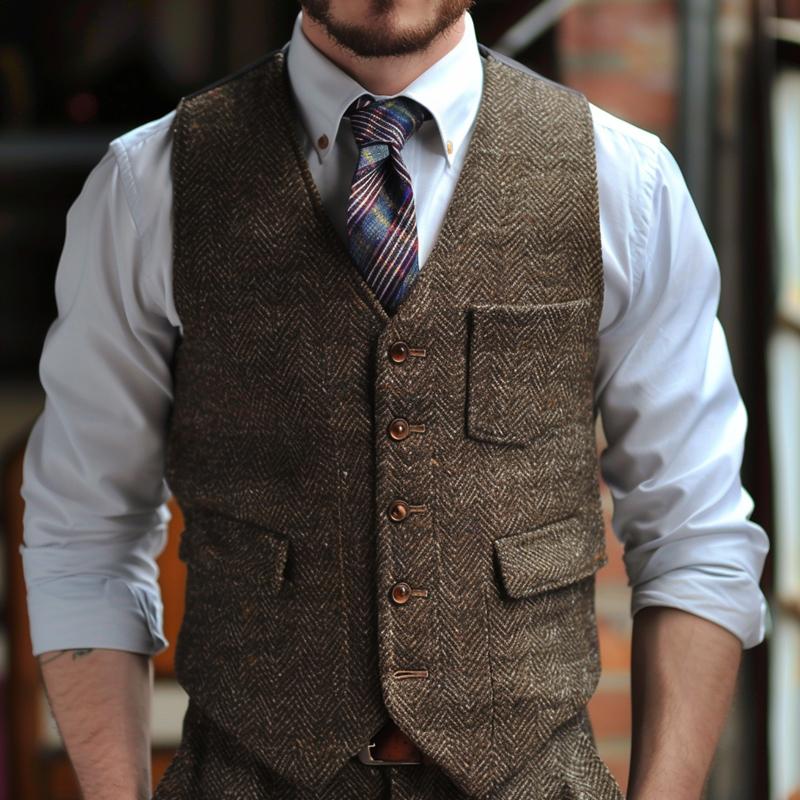 Men's Vintage V-neck Herringbone Single-breasted Suit Vest 31502877M