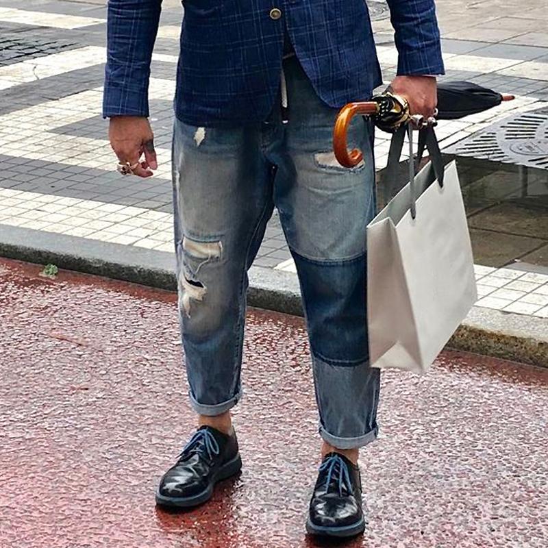 【Expédition 24 heures】Jean patchwork délavé vintage pour homme 00359354Y