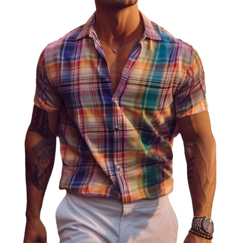 Camicia a maniche corte con risvolto e stampa a quadri vintage da uomo 74349324Y