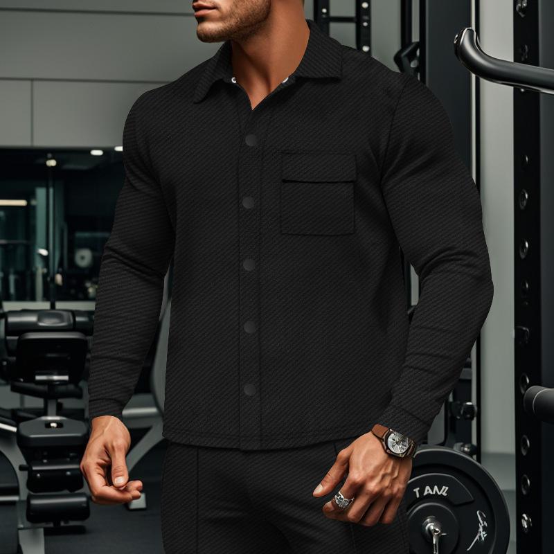 Giacca camicia a maniche lunghe monopetto con risvolto in twill casual da uomo 81404977M