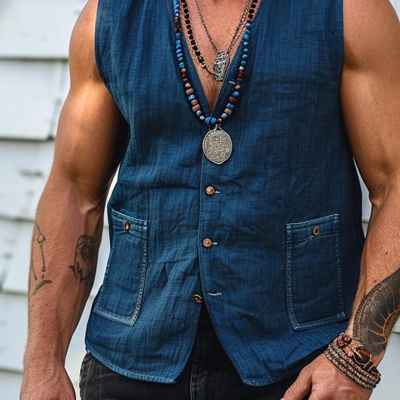 Herren-Weste aus gewaschenem Vintage-Denim mit V-Ausschnitt 36695763X