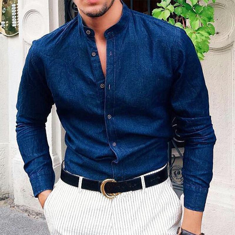 Einfarbiges Langarmhemd mit Stehkragen und Button-Down-Kragen für Herren 71057039X