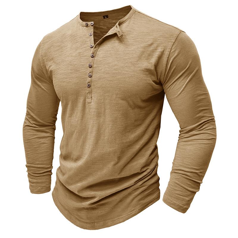 Camiseta de algodón flameado con cuello henley y manga larga de color liso para exteriores para hombre 26528737X