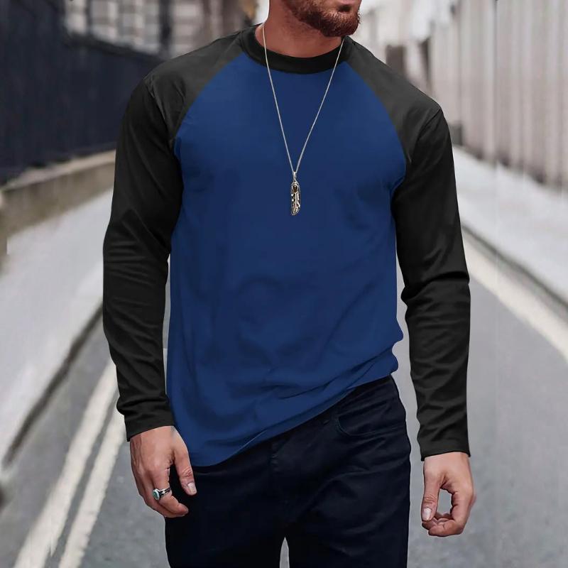 Retro Casual Colorblock Langermet T-skjorte med rund hals for menn 94462898TO