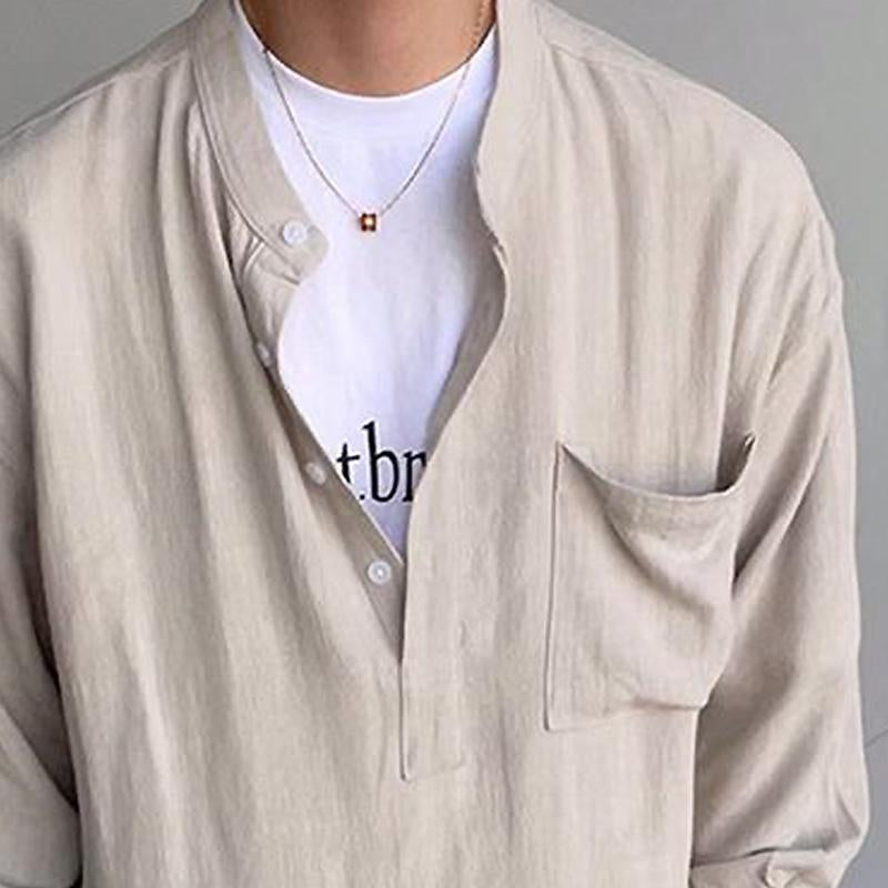 【Expédition 24 heures】Chemise décontractée à manches longues et col Henley de couleur unie pour hommes 82277169Y