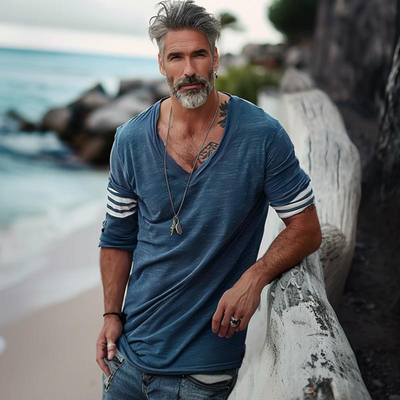 【Expédition 24h/24】T-shirt ample à manches longues et col en V pour homme 66090274Y