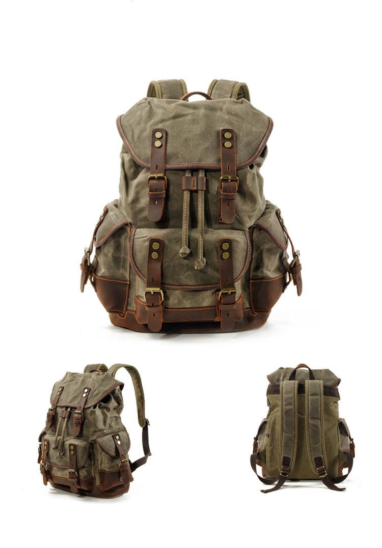 Herren Vintage Outdoor Canvas Nähte Leder Multi-Pocket Rucksack 19083234Y