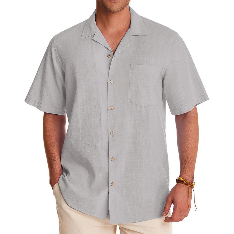 Camicia da uomo vintage tinta unita con taschino sul petto e risvolto, a maniche corte, 41503925Y