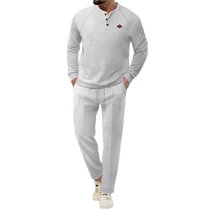 Pantaloni a maniche lunghe Henley a nido d'ape tinta unita da uomo 12318633Y