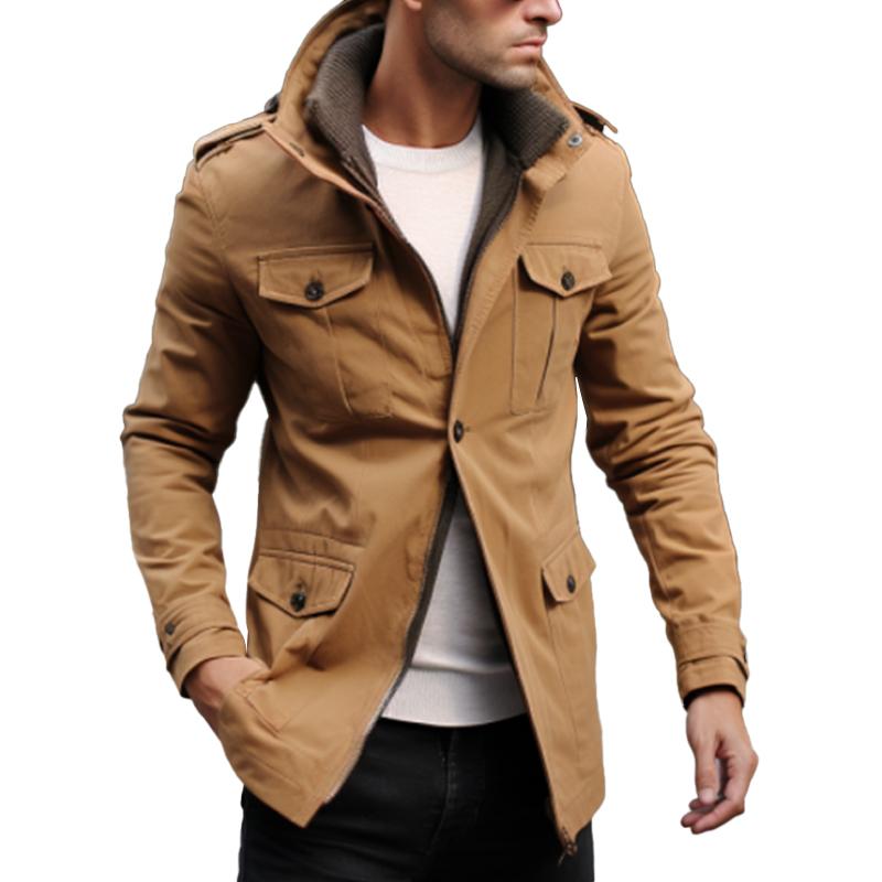 Men's Vintage Solid Color Double Collar Multi-pocket Safari Jacket 15907082M